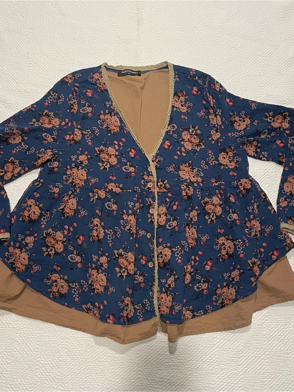 FLOREO womens blouse, floral, blue/brown, V-neck button, long sleeve, L